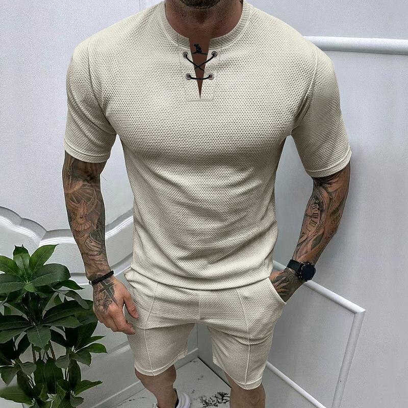 Men's Waffle Tee Waffle Shirt T Shirt T-shirt Suits Short Sleeve Crew Neck Spring & Summer Plain Fashion Designer Basic 2 Piece Vacation Street Going out Black White Royal Blue Top Tee for Men4