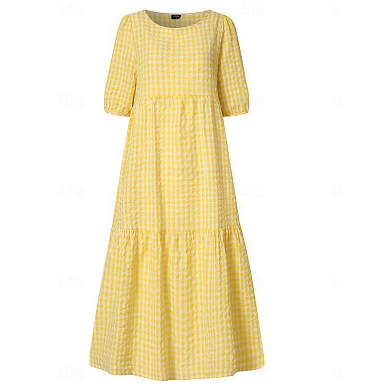 Women's Plaid Dress Casual Dress Plaid Print Crew Neck Midi Dress Vacation Half Sleeve Summer3