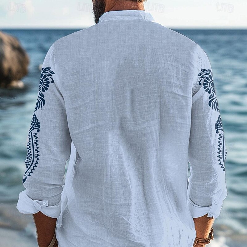 Men's Tribal Ethnic Bandana Print Shirt Linen Shirt Button Up Shirt Long Sleeve Tribal Vacation Daily Wear Going out Spring &  Fall Stand Collar Buttons Print White Blue Khaki3
