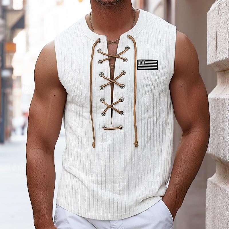 Men's Tank Top Vest Top Undershirt Sleeveless Shirt Sleeveless V Neck Summer Plain American Flag Pit Strip Fashion Designer Muscle Lace up Outdoor Going out Gym Black White Blue Top Tee for Men