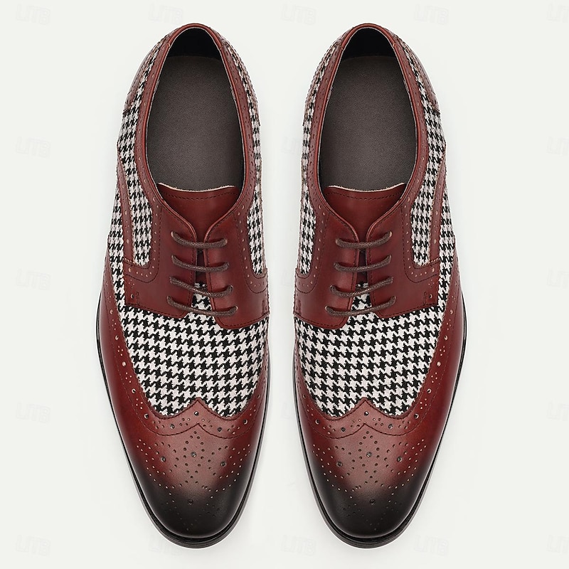 Men's Houndstooth and Leather Brogue Dress Shoes - Red and Black, Ideal for Formal Events and Business Wear4