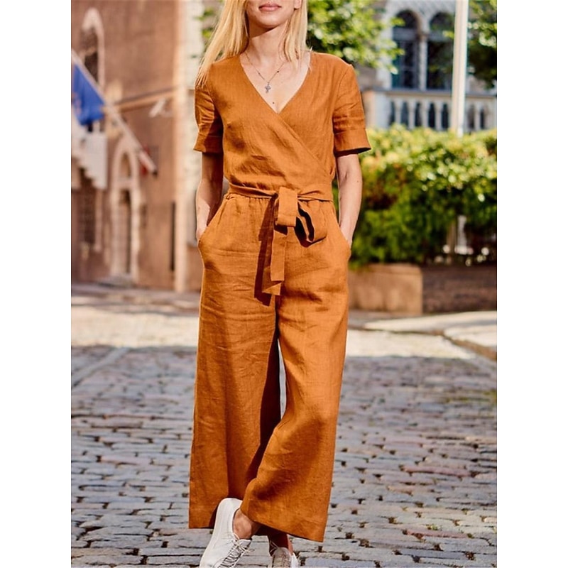 Women's Normal Jumpsuit Streetwear Solid Color Short Sleeve V Neck Lace up Pocket Street Daily Regular Fit Black Fuchsia Khaki Summer3