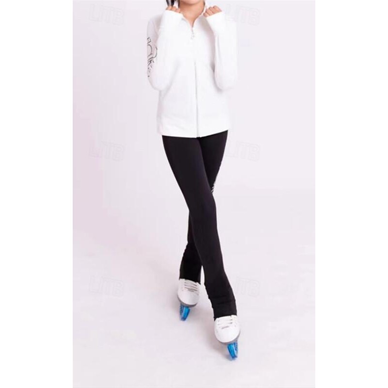 Figure Skating Fleece Jacket Figure Skating Pants Figure Skating Jacket with Pants Women's Girls' Ice Skating Jacket Tights Outfits Black Black White Sky Blue White Patchwork Thumbhole Spandex4