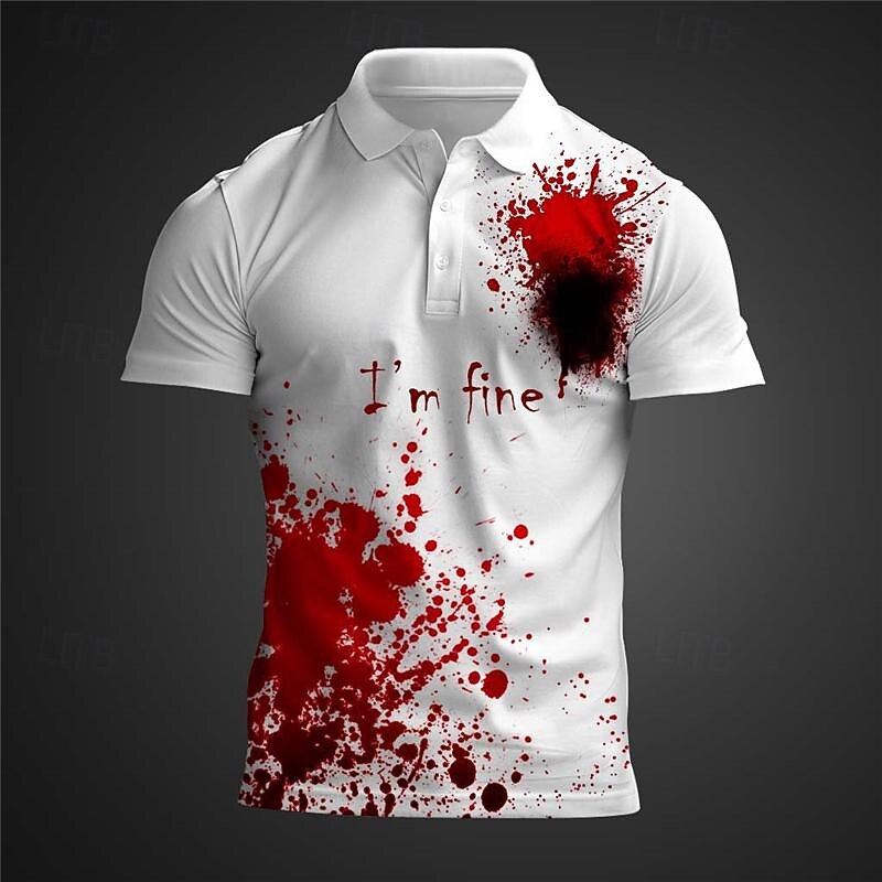 Men's Blood Splatter Polo Shirts Short Sleeve Polo Shirts Collared Shirts Casual Horror Streetwear Festival Wear Party Outfits 3D Print Buttons Summer Black White Red