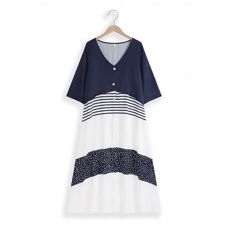 Women's Casual Dress Swing Dress Long Dress Maxi Dress Brown Half Sleeve Color Block Button Summer Spring V Neck Basic 2023 5XL2