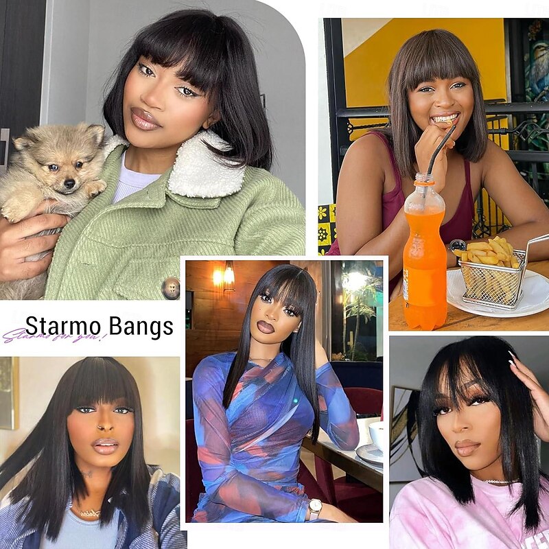 Straight Wig Human Hair With Bangs 2x1 Lace  Cut Wigs Realistic Look Scalp Bob Bangs Wigs For Women Natural Color Brazilian Human Virgin Hair Wigs4