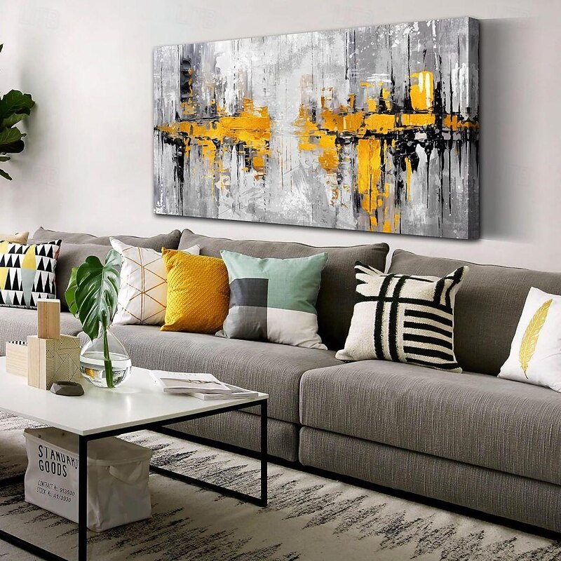 Handmade Oil Paintings Canvas Wall Art Decoration Modern Abstract Black White and Yellow for Home Hand-painted Decor Rolled Frameless Unstretched Painting4