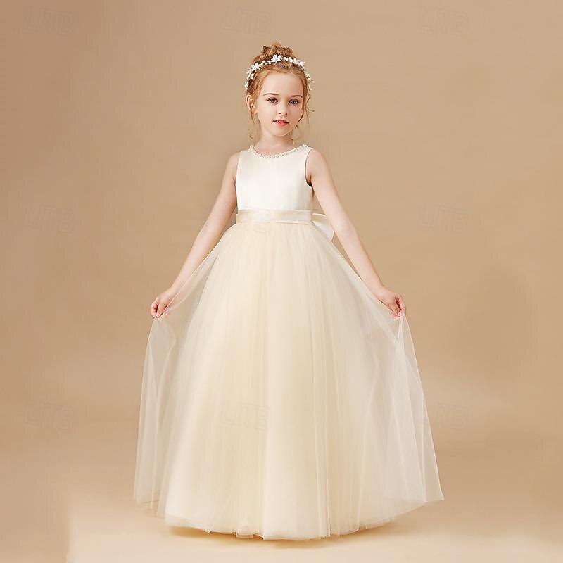 Kids Girls' Flower Girl Dress Party Dress Solid Color Sleeveless Performance Wedding Party Mesh Princess Sweet Mesh Mid-Calf Sheath Dress Tulle Dress Summer Spring Fall 2-12 Years Champagne3