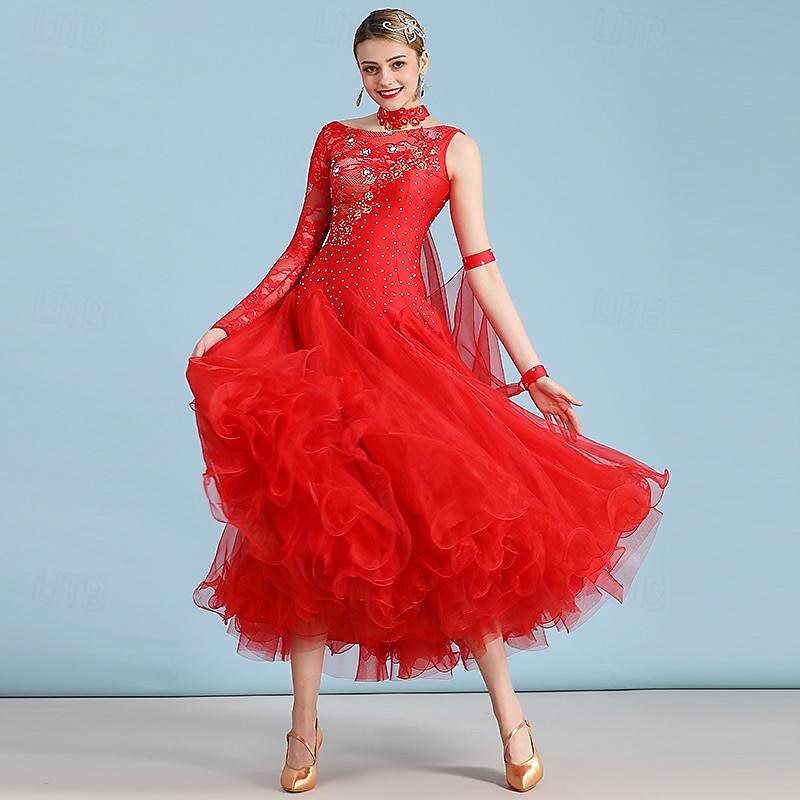 Ballroom Dance Dress Rhinestone Women's Performance Long Sleeve Polyester Nylon4