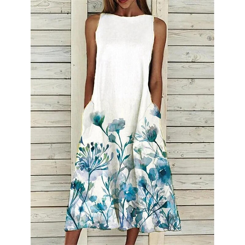 Women's Casual Dress Tank Dress Floral Pocket Print Crew Neck Midi Dress Vacation Sleeveless Summer