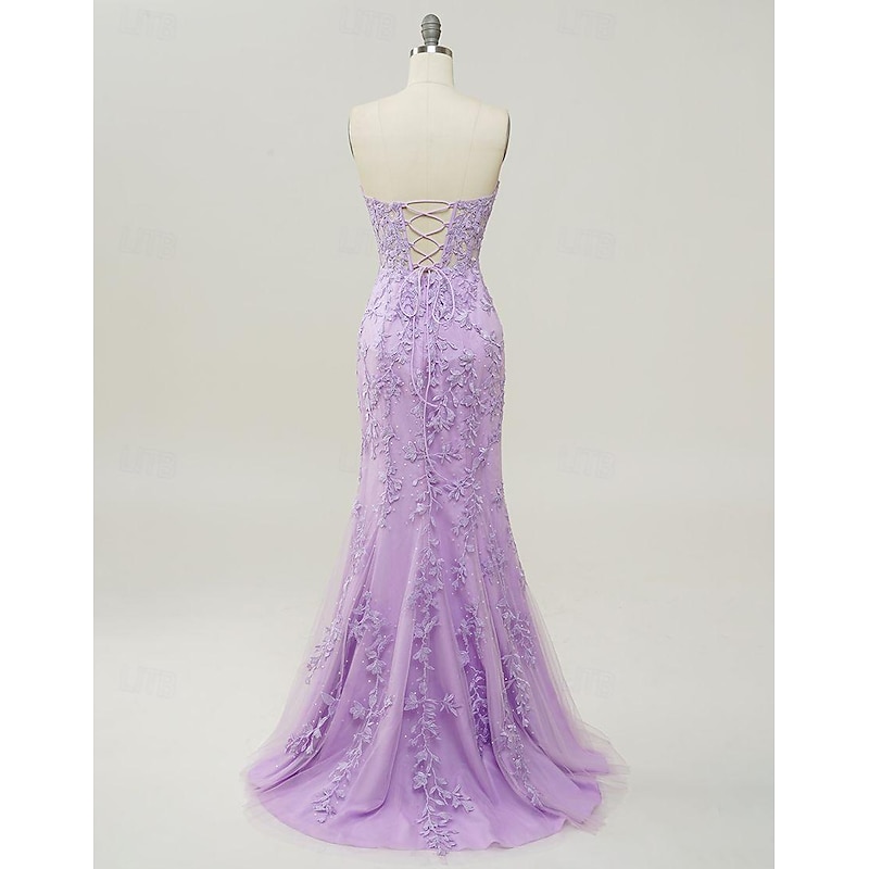 Mermaid Prom Dresses Glittering Dress Evening Party Sweep / Brush Train Sleeveless Strapless Lace Backless with Appliques4