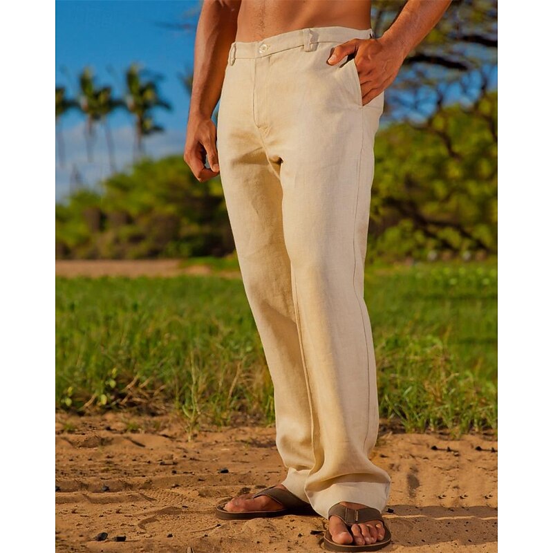 Men's Linen Pants Trousers Summer Pants Beach Pants Pocket Drawstring Elastic Waist Plain Comfort Breathable Daily Holiday Vacation Hawaiian Boho Yellow2