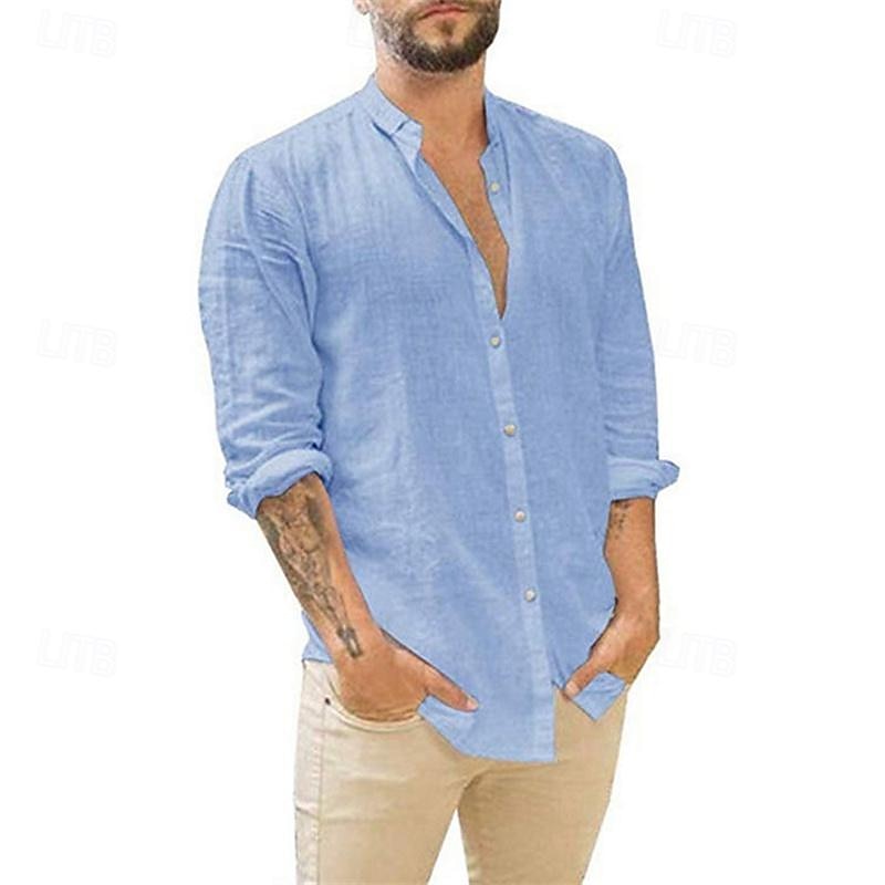 Men's Shirt Linen Shirt Summer Shirt Beach Shirt Cotton Linen Shirt Plain Vacation Holiday Black White Light Green Dark Navy Long Sleeve Standing Collar Spring &  Fall Clothing Apparel Button-Down2