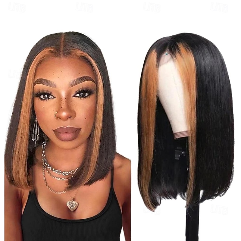 Highlight Bob Wig 13x 4x1 T Part Lace Bob Wig Lace Front Human Hair Highlight Black Middle Part Bob Wigs Ombre Honey Blonde Straight Lace Front Bob Wigs for Women3