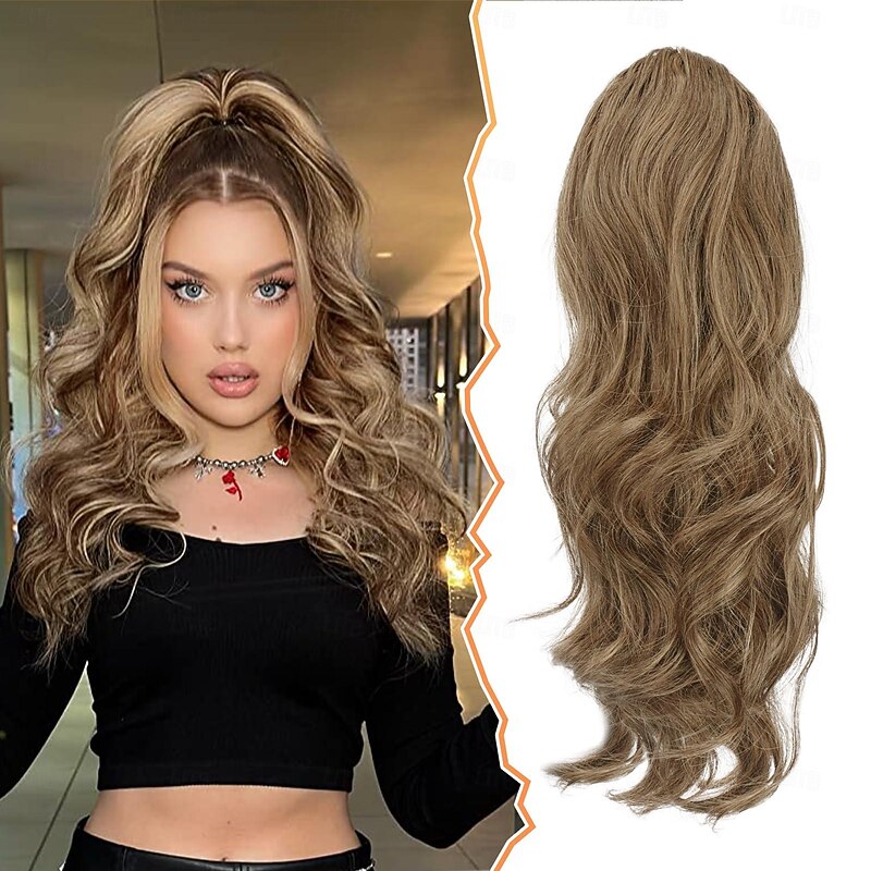 Short Drawstring Ponytail Extension, 16 In Wavy Ponytail Hair Extensions Synthetic Clip in Pony Tail Hairpieces Fake Ponytail for Women Girls Daily Halloween - Main Image