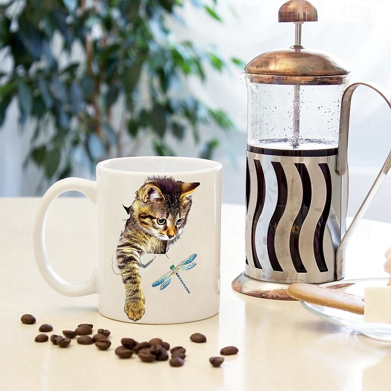 3D Print Kittens Hole In A Wall Mug, Ceramic Coffee  Cat Mug 3D Novelty Cat Mugs Cat Lovers Coffee Mug Cat Club Cup White Ceramic Mug Gifts For Men Women3
