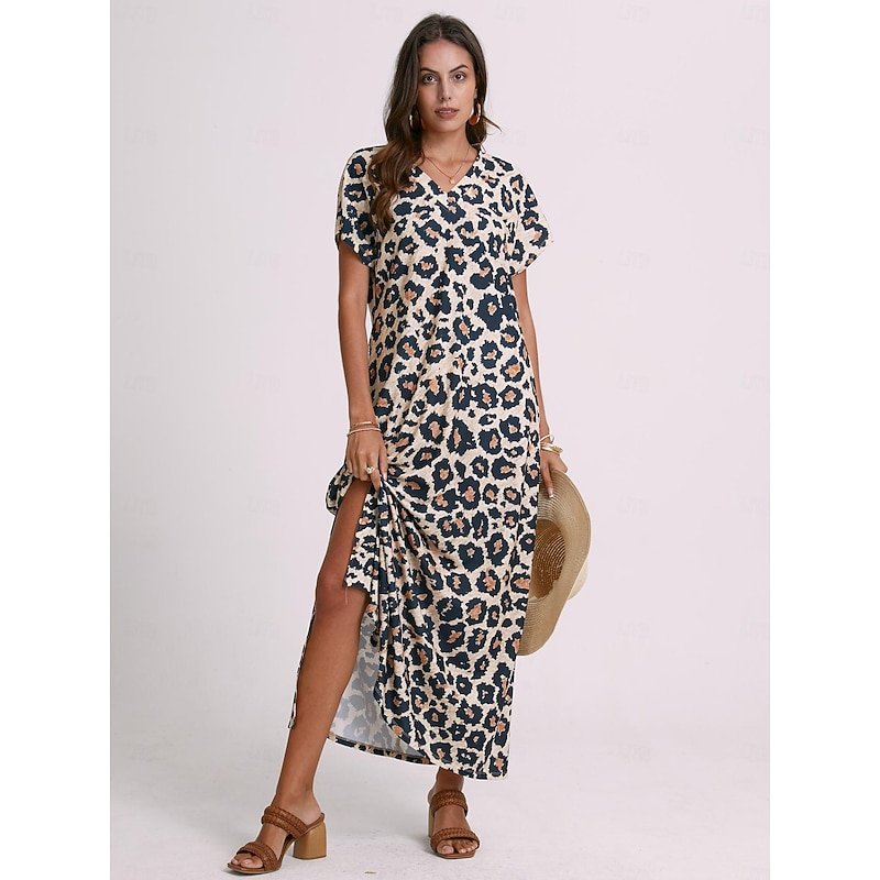 Women's Maxi Dress Sundress Shift Dress Summer Dress Streetwear Sexy Drop Shoulder Vacation Party Holiday Regular Fit Leopard Short Sleeve V Neck Pink Blue Khaki Summer Spring