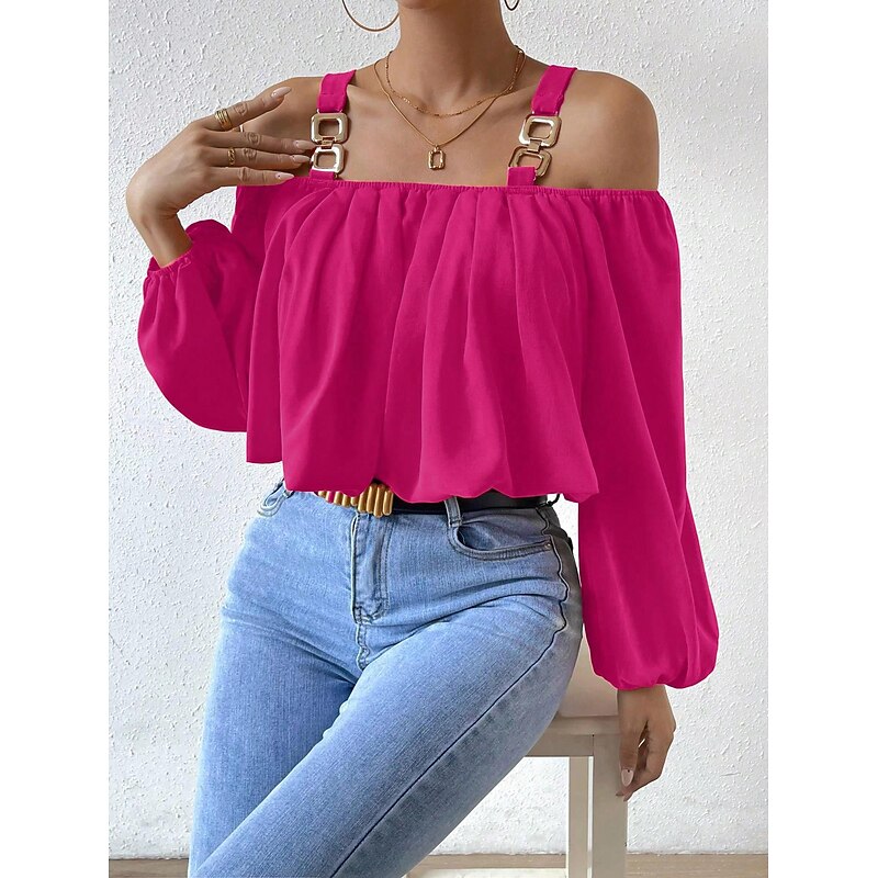 Shirt Blouse Women's Pink Plain Cold Shoulder Street Daily Fashion Off Shoulder Regular Fit S3