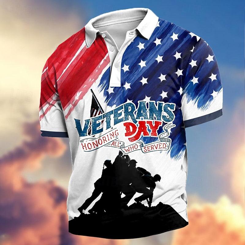 Men's Veterans Patriotic Polo Shirts Golf Shirt Short Sleeve Polo Shirts Collared Shirts Casual Streetwear Vacation Wear Party Outfits Buttons 3D Print Summer Spring White