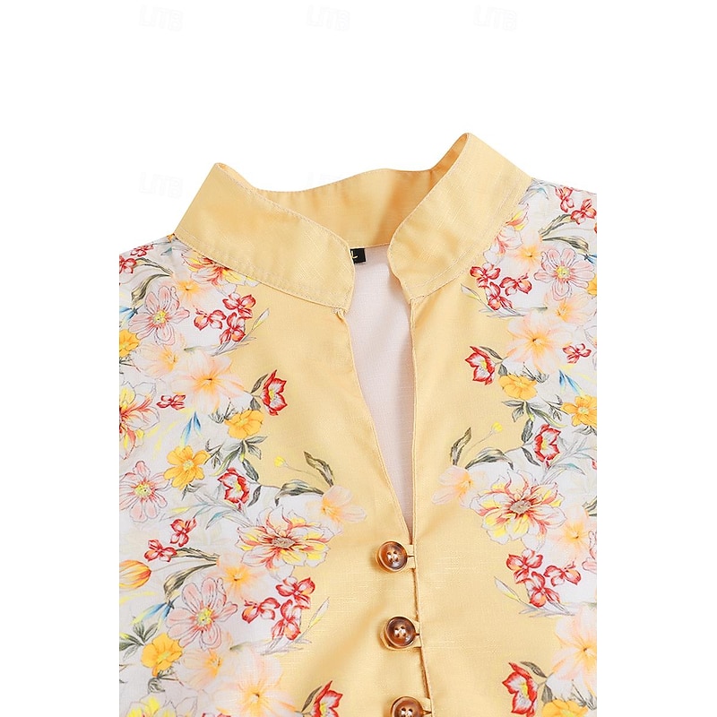 Men's Floral Shirt Button Up Shirt Long Sleeve Casual Daily Wear Going out Weekend Spring & Summer Standing Collar Print Button-Down Yellow Pink Blue Purple3