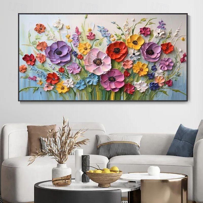 Handmade Oil Painting Canvas Wall Art Decoration 3D Palette Knife Colorful Flowers for Home Decor Rolled Frameless Unstretched Painting