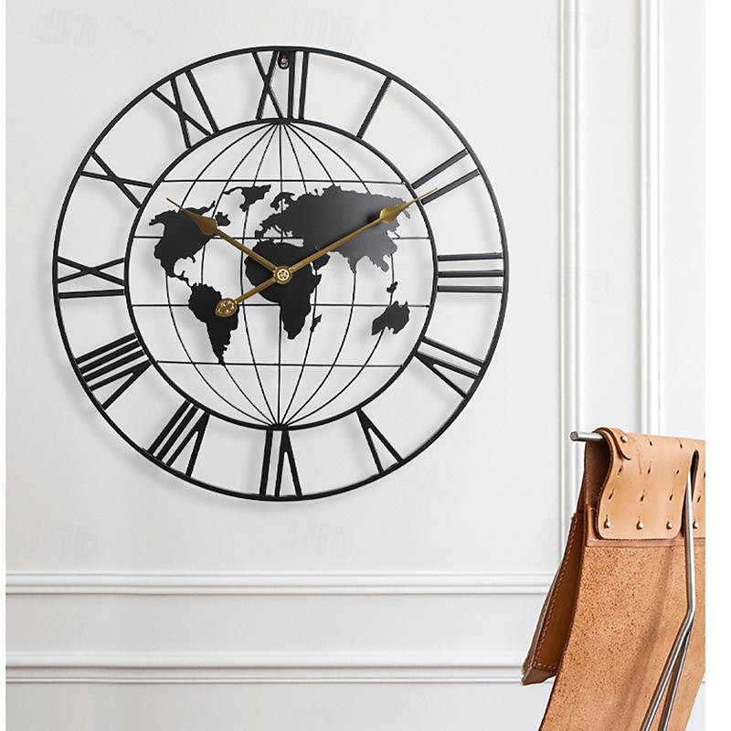 Large World Map Wall Clock Metal Minimalist Modern Clock Round Silent Non-Ticking Battery Operated Wall Clocks for Living Room Home Kitchen Bedroom Office School Decor 60 cm
