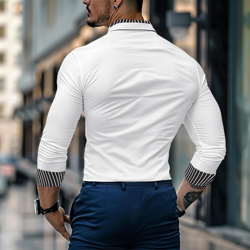 Men's Shirt Band Collar Shirt Summer Shirt Dress Shirt Button Up Shirt Casual Shirt White Wine Blue Long Sleeve Stripe Band Collar Daily Vacation Splice Clothing Apparel Cotton Cotton Blend Fashion2