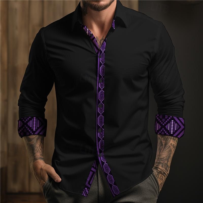 Men's Aztec Tribal Ethnic Button Up Shirt Printed Shirts Long Sleeve Boho Vacation Street Horse Race Spring & Summer Turndown Print Button-Down Yellow Blue Purple Fuchsia Orange - Main Image