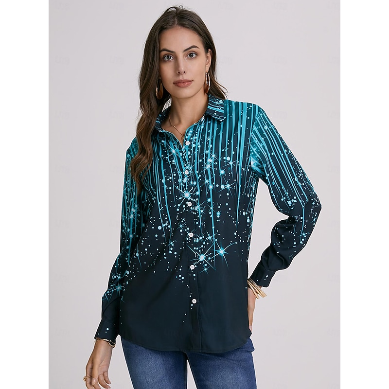 Women's Shirt Long Sleeve Button Down Blouse Maroon Denim Blue Black Striped Sparkly Button Print Casual Weekend Streetwear Shirt Collar Regular S3