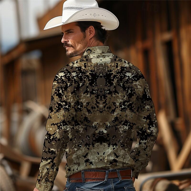 Men's Camo / Camouflage Western Shirt Cowboy Shirt Long Sleeve Vintage Western Style Tribal Outdoor Vacation Horse Race Spring & Summer Turndown Print Button-Down Navy Blue Green3