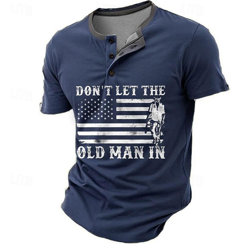 Men's T-Shirt, 'Don't Let The Old Man In' American Flag Graphic Short Sleeve Henley, Patriotic Lifestyle Tee