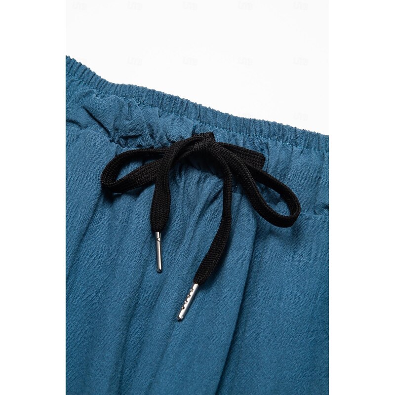 Men's Linen Pants Trousers Summer Pants Bloomers Beach Pants Pocket Drawstring Elastic Waist Plain Lightweight Ankle-Length Yoga Daily Fashion Casual Loose Fit Lake blue Black2