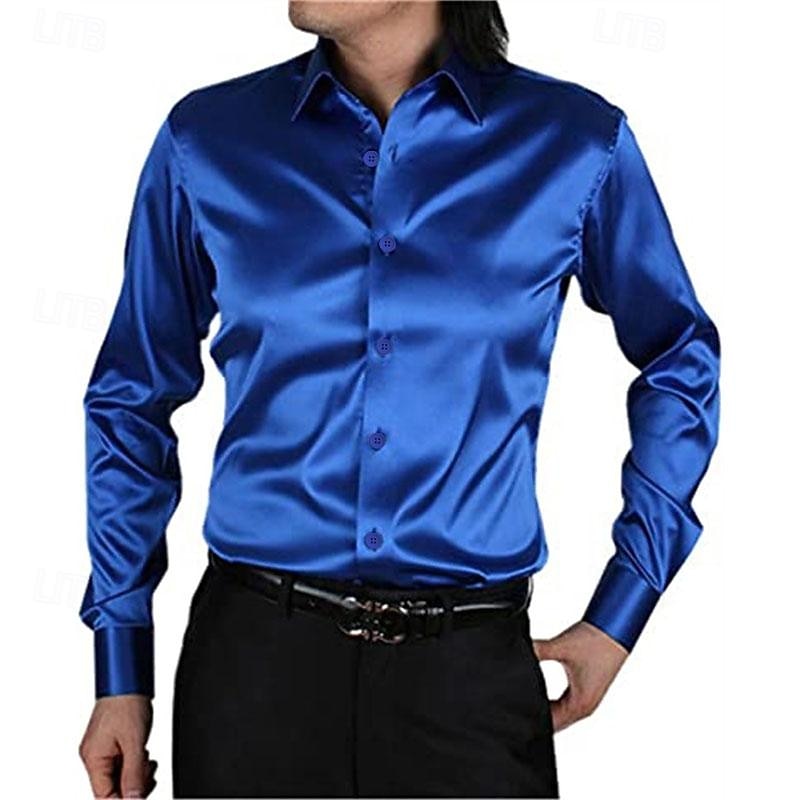 Men's Satin Shirt Dress Shirt Collared Shirt Button Up Shirt Prom Shirt Plain Wedding Party Black White Red Blue Long Sleeve Turndown Spring, Fall, Winter, Summer Clothing Apparel Button-Down