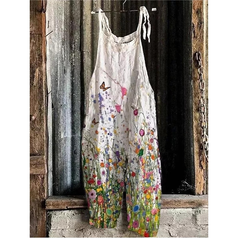 Women's Normal Dungarees Jumpsuit Streetwear Floral Sleeveless U Neck Pocket Print Street Daily Regular Fit Black White Blue Summer