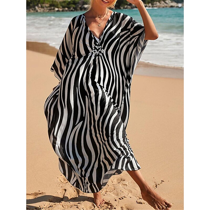 Women's Cover Up Graphic Leaf Print V Neck Long Dress Maxi Dress Hawaiian Vacation Beach 3/4 Length Sleeve Summer2