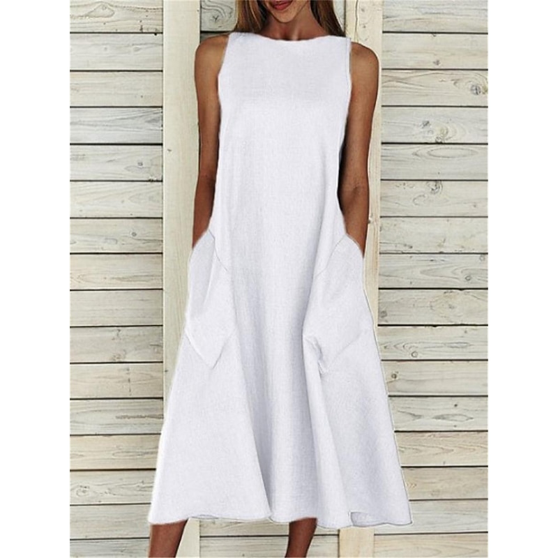 Women's Midi Dress Sleeveless Pockets Casual A-Line Silhouette Round Neckline White Summer Versatile Regular Fit Comfortable Lightweight Breathable Clothing Apparel