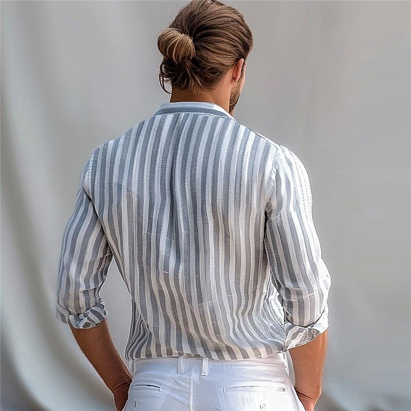 Men's Stripe Geometric Pattern Button Up Shirt Printed Shirts Long Sleeve Business Casual Street Wear to work Daily Wear Spring & Summer Turndown Print Button-Down Blue Green Light Grey Gray2