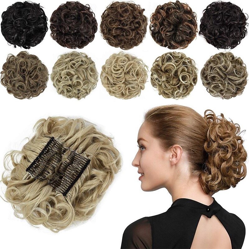 Rose bud Chignon Hairpiece Curly Bun Extensions Scrunchie Updo Synthetic Combs in Messy Bun Hair Piece for Women Natural Blonde