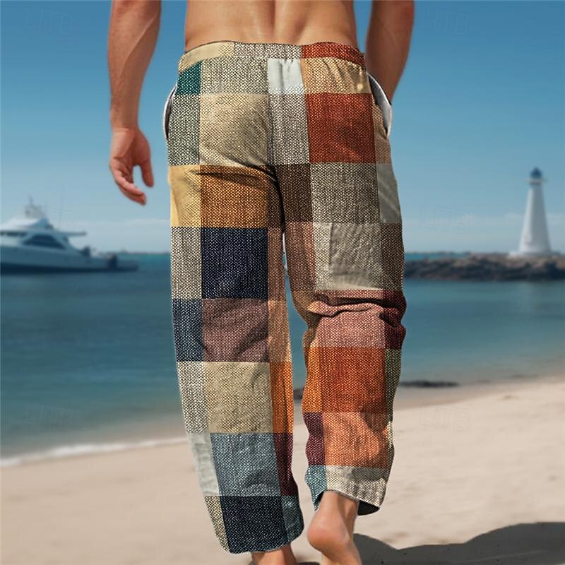 Men's Hawaiian Plaid Pants Vacation 3D Print Side Pockets Elastic Drawstring Design Pants Trousers Straight-Leg Trousers Outdoor Hawaiian Holiday Polyester Yellow S M L Medium Waist2