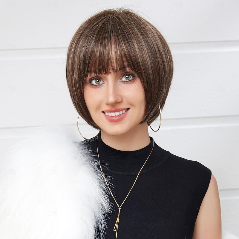 Human Hair Blend Wig Short Natural Straight Pixie Cut Side Part Layered Haircut Asymmetrical Brown Cosplay Curler & straightener Natural Hairline Capless Brazilian Hair Women's All Brown 10 inch2