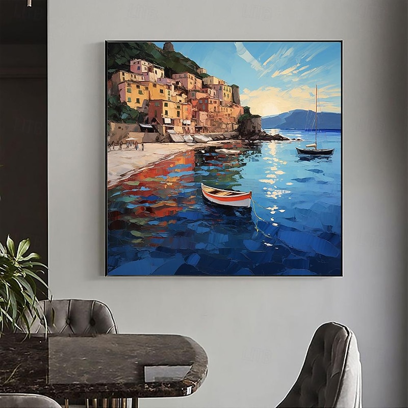 Mediterranean Oil Painting On Canvas hand painted Large Mediterranean Wall Art Abstract Seascape Art painting Blue Ocean Decor painting Custom Painting for Living room Home Decor