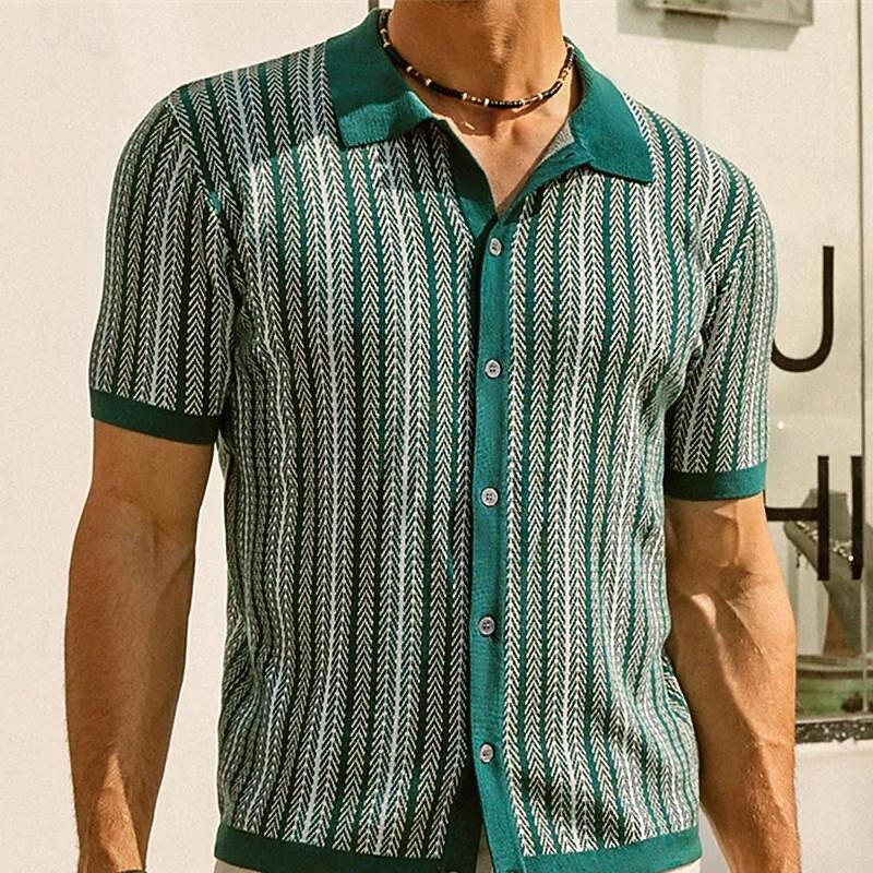 Men's Golf Shirt Golf Polo Work Casual Lapel Short Sleeve Basic Modern Color Block Striped Patchwork Button Spring & Summer Regular Fit Wine Navy Blue Green Golf Shirt3