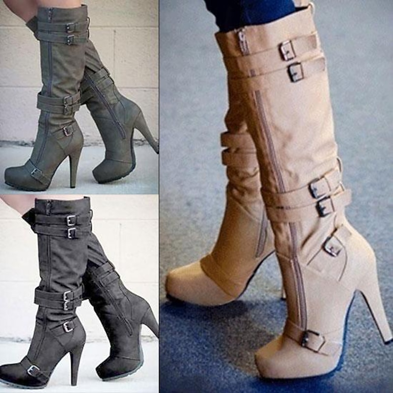 Women's High Heel Knee-High Boots – Stylish Beige Buckle Strap Boots with Stiletto Heel for Fall & Winter Fashion
