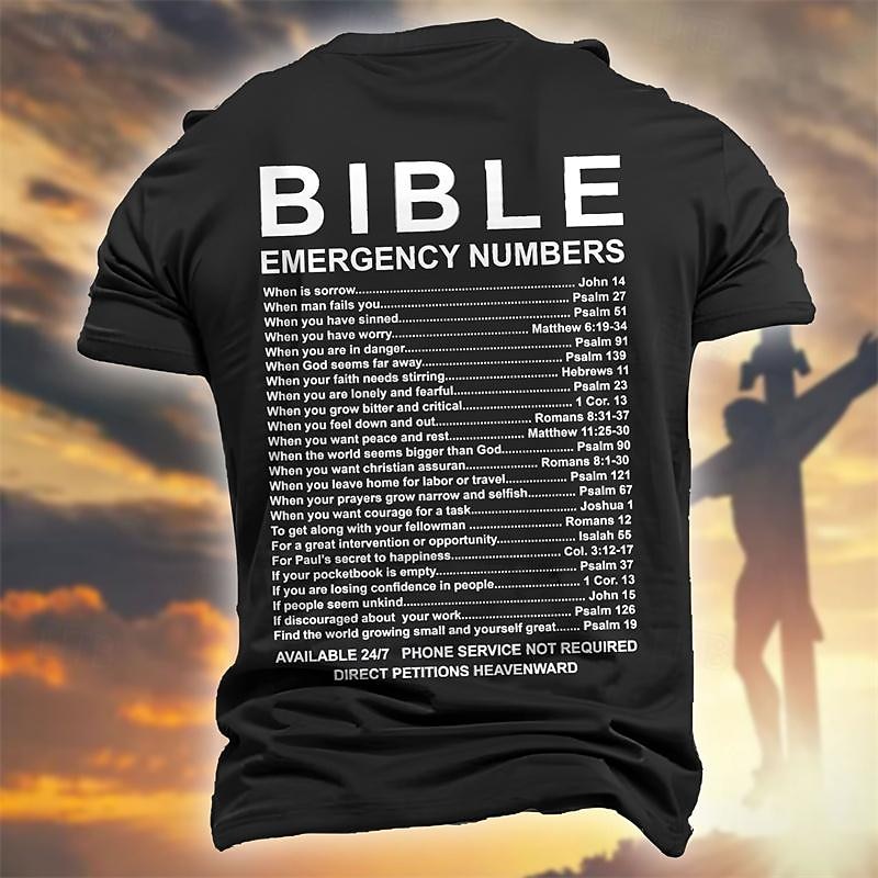 Christian Bible Emergency Numbers Backprint T-Shirt Religious Scripture Verse Graphic Tee for Men Faith-Based Inspirational Shirt Church Gift