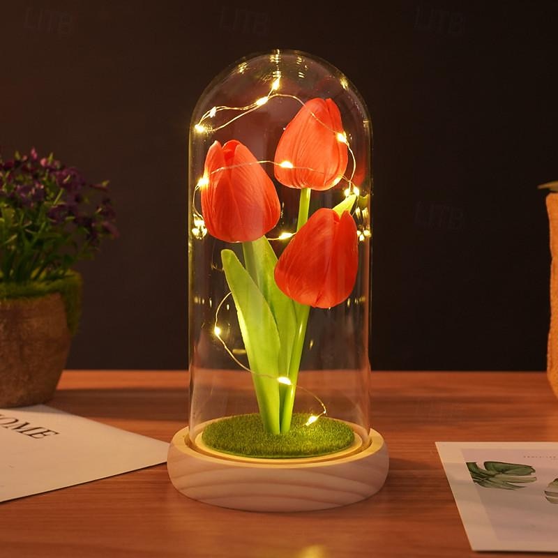 Tulip Glass Cover Creative Night Light for Home Bedroom Decor Mother's Day Valentine's Day Best Gift Battery Power Birthday Gift for Friends4