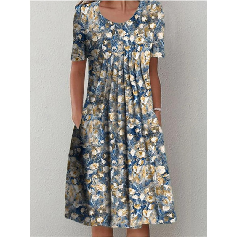 Women's Midi Dress Casual Dress Summer Dress Streetwear Vacation Street Holiday Loose Fit Floral Short Sleeve Crew Neck White Royal Blue Blue Light Blue Summer2
