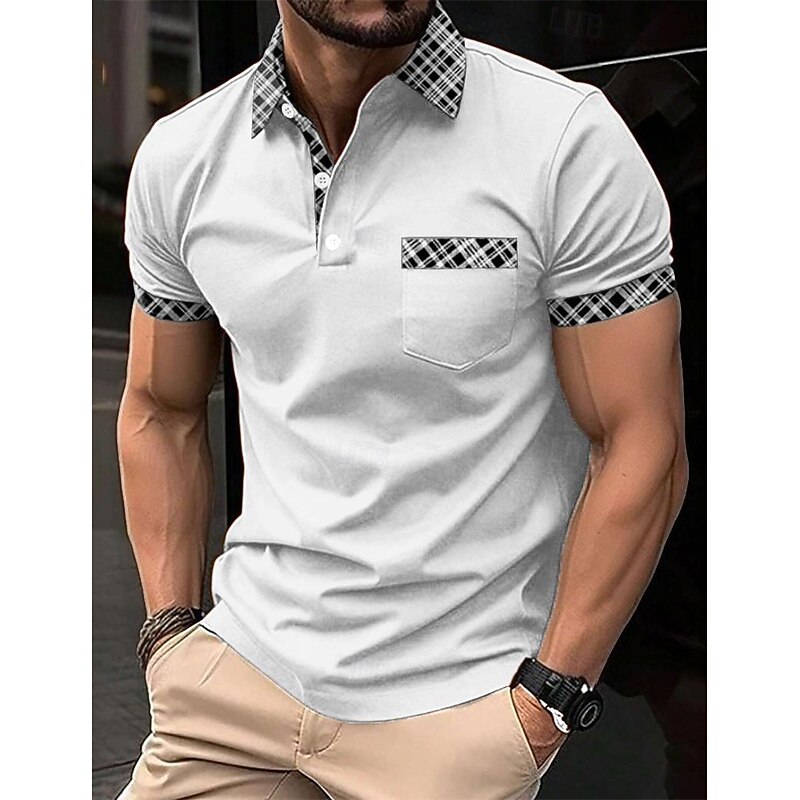 Men's Polo Shirts Golf Shirt Casual Holiday Lapel Short Sleeve Fashion Basic Plaid Color Block Patchwork Pocket Summer Regular Fit Light Blue White Orange Khaki Polo Shirts2