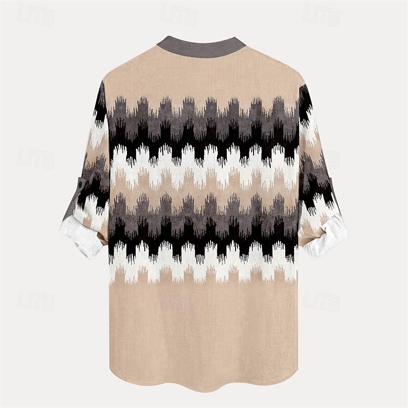 Men's Geometry Shirt Linen Shirt Summer Hawaiian Shirt Long Sleeve Tribal Vacation Daily Wear Going out Spring &  Fall Stand Collar Buttons Print Khaki3