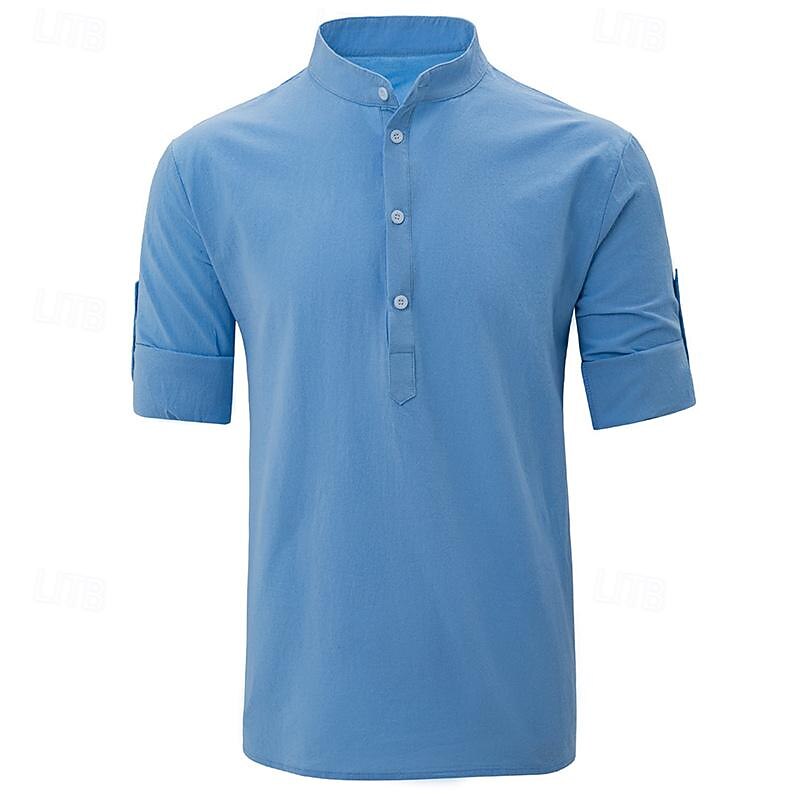 Men's Shirt Linen Shirt Cotton Linen Shirt White Cotton Shirt Chinese Collar Shirt Mandarin Collar Shirt Plain Vacation Street Black White Navy Blue Blue Short Sleeve Standing Collar Summer Clothing2