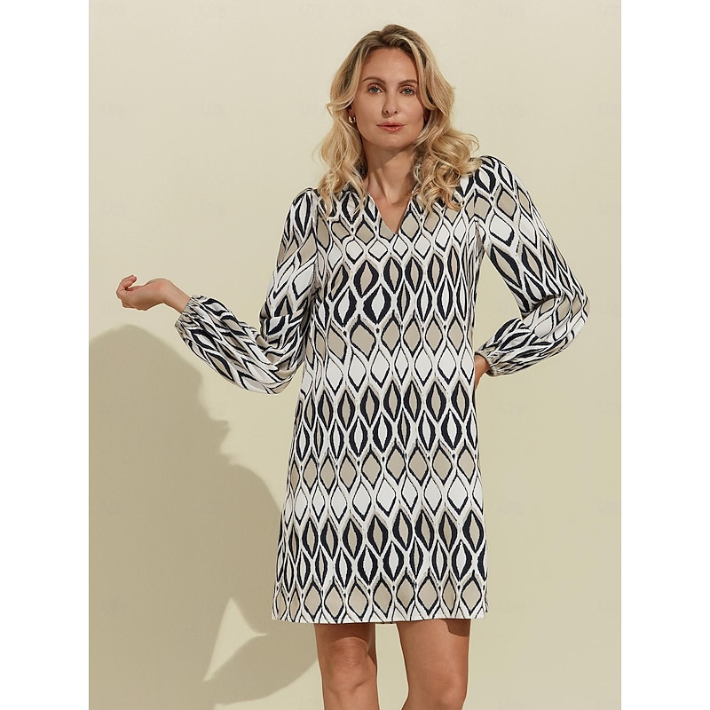 Women's Shirt Dress Mini Dress White Long Sleeve Geometic Geometrical Geometrical Spring Shirt Collar Pattern Dress S M L4